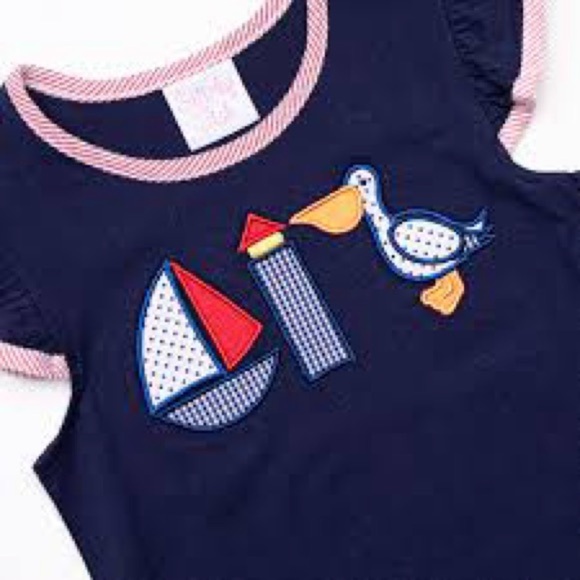 Stitchy Fish Girls 7 Navy Blue Lookout Lady Appliqué Dress Sailboat Lighthouse - Picture 3 of 8